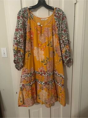 Roller Rabbit Yellow Floral Mini Dress with Green Floral Sleeves